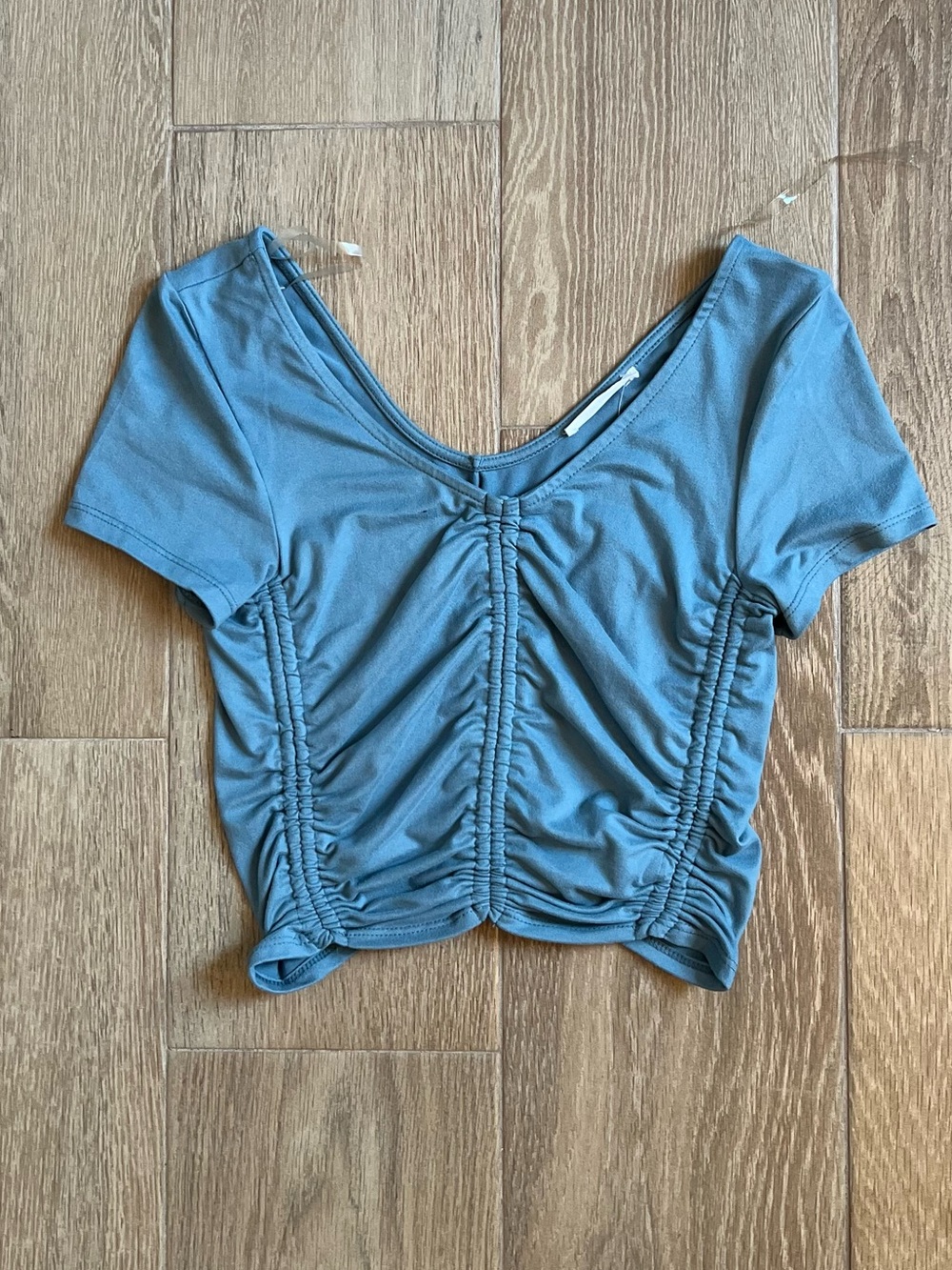Blue Ruched Short Sleeve Crop Top